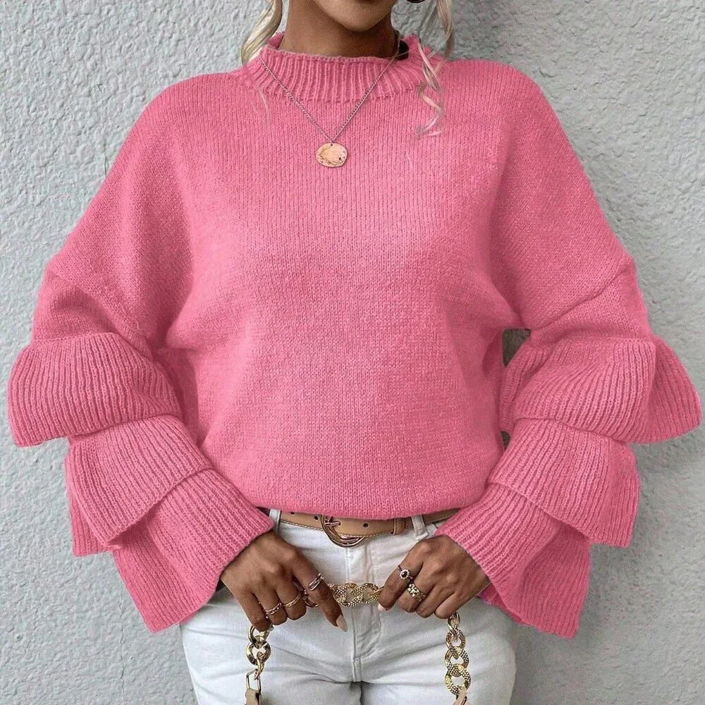 Pink Casual Women's Round Neck Patchwork Ruffle Flare Sleeve Sweater